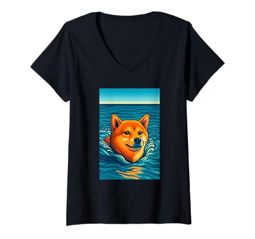 Damen Shiba Inu Hund Schwimmen im Ozean, Love Dogs T-Shirt mit V-Ausschnitt Damen Shiba Inu Hund Schwimmen im Ozean, Love Dogs T-Shirt mit V-Ausschnitt von Logiamerch Dogs