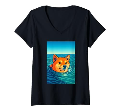 Damen Shiba Inu Hund Schwimmen im Ozean, Love Dogs T-Shirt mit V-Ausschnitt Damen Shiba Inu Hund Schwimmen im Ozean, Love Dogs T-Shirt mit V-Ausschnitt von Logiamerch Dogs