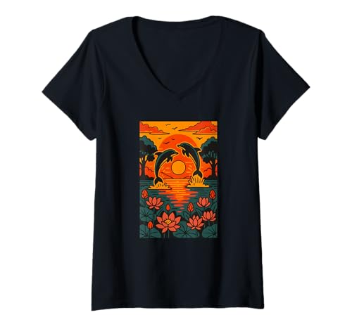 Damen Delfine at Sunset with Lotus Flowers, Ocean Nature Art T-Shirt mit V-Ausschnitt Damen Delfine at Sunset with Lotus Flowers, Ocean Nature Art T-Shirt mit V-Ausschnitt von Logiamerch Dolphins