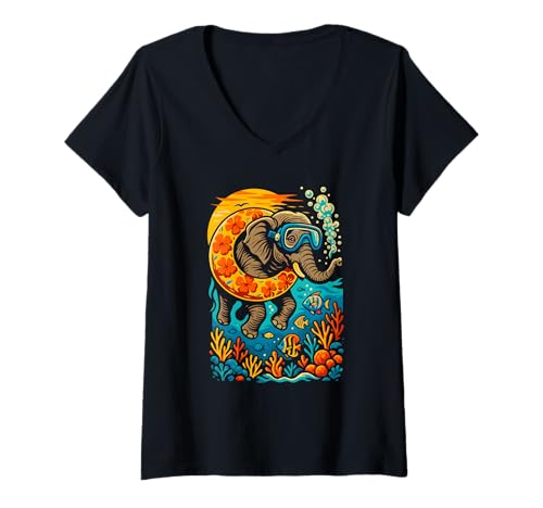 Damen Elefant unter Wasser Schnorcheln im Ozean, Love Elephants T-Shirt mit V-Ausschnitt Damen Elefant unter Wasser Schnorcheln im Ozean, Love Elephants T-Shirt mit V-Ausschnitt von Logiamerch Elephants