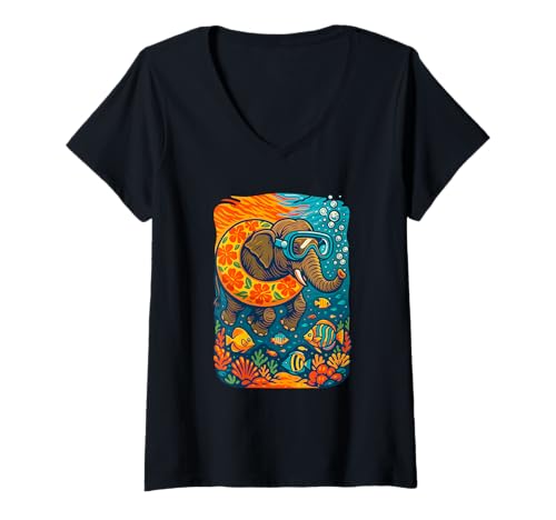 Damen Elefant unter Wasser Schnorcheln im Ozean, Love Elephants T-Shirt mit V-Ausschnitt Damen Elefant unter Wasser Schnorcheln im Ozean, Love Elephants T-Shirt mit V-Ausschnitt von Logiamerch Elephants