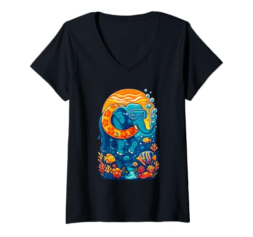 Damen Elefant unter Wasser Schnorcheln im Ozean, Love Elephants T-Shirt mit V-Ausschnitt Damen Elefant unter Wasser Schnorcheln im Ozean, Love Elephants T-Shirt mit V-Ausschnitt von Logiamerch Elephants