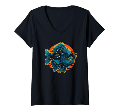 Damen Coole Grafik mit Fisch und Sonnenbrille, Meerestier T-Shirt mit V-Ausschnitt Damen Coole Grafik mit Fisch und Sonnenbrille, Meerestier T-Shirt mit V-Ausschnitt von Logiamerch Fishes