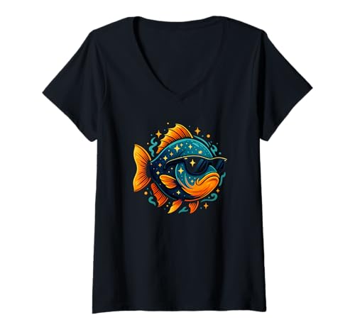 Damen Coole Grafik mit Fisch und Sonnenbrille, Meerestier T-Shirt mit V-Ausschnitt Damen Coole Grafik mit Fisch und Sonnenbrille, Meerestier T-Shirt mit V-Ausschnitt von Logiamerch Fishes