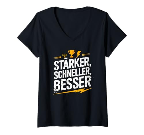 Damen Motivierender Spruch, Stärker Schneller Besser, Fitness T-Shirt mit V-Ausschnitt von Logiamerch Fitness