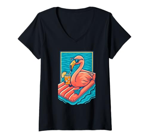 Damen Cooler Flamingo schwimmend mit Drink Summer Vibes T-Shirt mit V-Ausschnitt von Logiamerch Flamingo