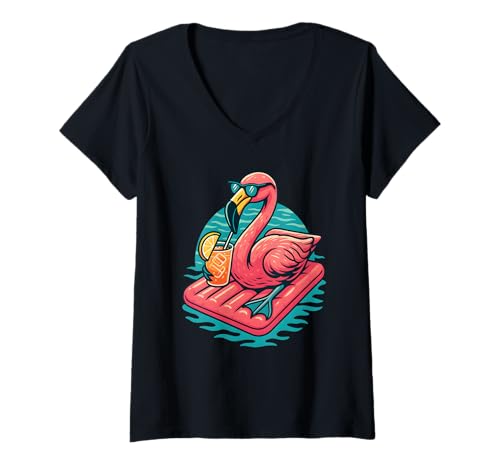 Damen Cooler Flamingo schwimmend mit Drink Summer Vibes T-Shirt mit V-Ausschnitt Damen Cooler Flamingo schwimmend mit Drink Summer Vibes T-Shirt mit V-Ausschnitt von Logiamerch Flamingos
