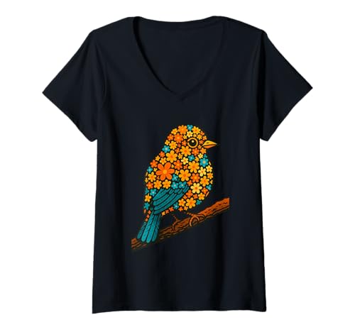 Damen Blumen-Vogel-Illustration, niedliche Bunte Tierkunst T-Shirt mit V-Ausschnitt Damen Blumen-Vogel-Illustration, niedliche Bunte Tierkunst T-Shirt mit V-Ausschnitt von Logiamerch Floral