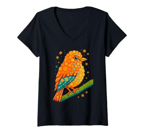 Damen Blumen-Vogel-Illustration, niedliche Bunte Tierkunst T-Shirt mit V-Ausschnitt Damen Blumen-Vogel-Illustration, niedliche Bunte Tierkunst T-Shirt mit V-Ausschnitt von Logiamerch Floral