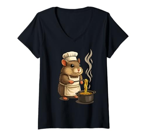 Damen Chef Maus Kochen Pasta, niedliche Tierkunst T-Shirt mit V-Ausschnitt Damen Chef Maus Kochen Pasta, niedliche Tierkunst T-Shirt mit V-Ausschnitt von Logiamerch Funny