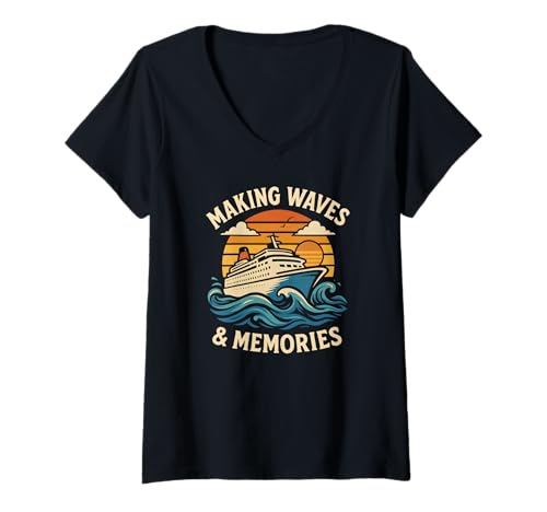 Damen Kreieren von Wellen und Erinnerungen, Retro-Urlaubsgrafik T-Shirt mit V-Ausschnitt von Logiamerch Funny