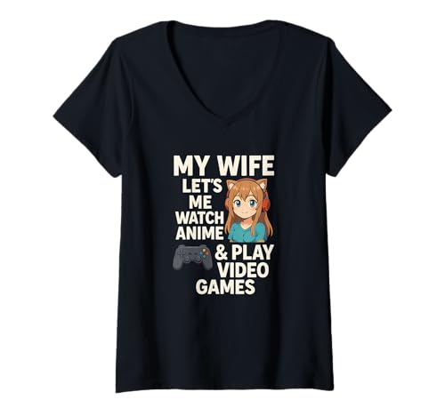 Damen Lustiger Spieler, Meine Frau Lass mich Anime schauen, Videospiele spielen T-Shirt mit V-Ausschnitt Damen Lustiger Spieler, Meine Frau Lass mich Anime schauen, Videospiele spielen T-Shirt mit V-Ausschnitt von Logiamerch Funny
