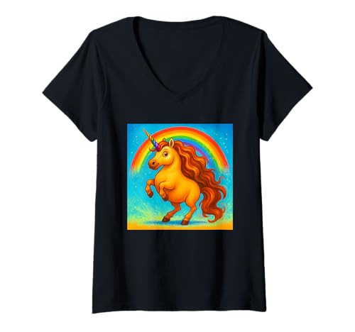 Damen Niedliches buntes Einhorn mit Regenbogen T-Shirt mit V-Ausschnitt Damen Niedliches buntes Einhorn mit Regenbogen T-Shirt mit V-Ausschnitt von Logiamerch Funny