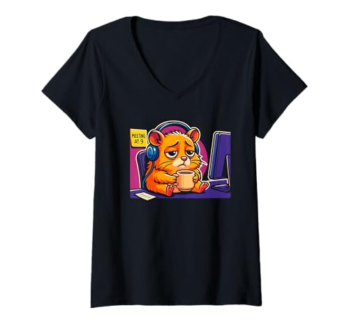 Damen Sleepy Hamster Coffee and Work, lustiger Mitarbeiter T-Shirt mit V-Ausschnitt Damen Sleepy Hamster Coffee and Work, lustiger Mitarbeiter T-Shirt mit V-Ausschnitt von Logiamerch Funny