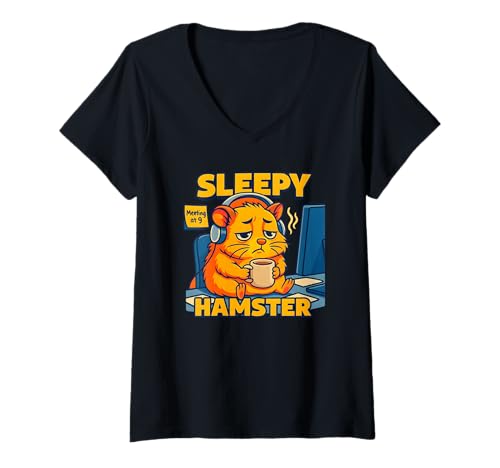 Damen Sleepy Hamster Coffee and Work, lustiger Mitarbeiter T-Shirt mit V-Ausschnitt Damen Sleepy Hamster Coffee and Work, lustiger Mitarbeiter T-Shirt mit V-Ausschnitt von Logiamerch Funny