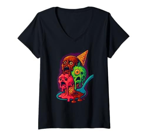 Damen Gruselige Zombie-Cremetüte, schmelzende Eiskugeln, Halloween T-Shirt mit V-Ausschnitt Damen Gruselige Zombie-Cremetüte, schmelzende Eiskugeln, Halloween T-Shirt mit V-Ausschnitt von Logiamerch Halloween