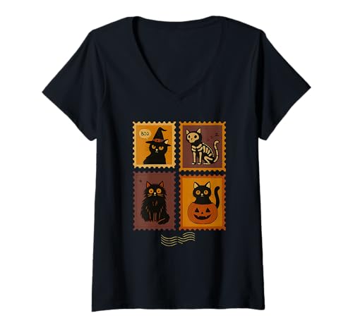 Damen Lustige Halloween-Briefmarke, Motiv: Katzenliebhaber T-Shirt mit V-Ausschnitt Damen Lustige Halloween-Briefmarke, Motiv: Katzenliebhaber T-Shirt mit V-Ausschnitt von Logiamerch Halloween