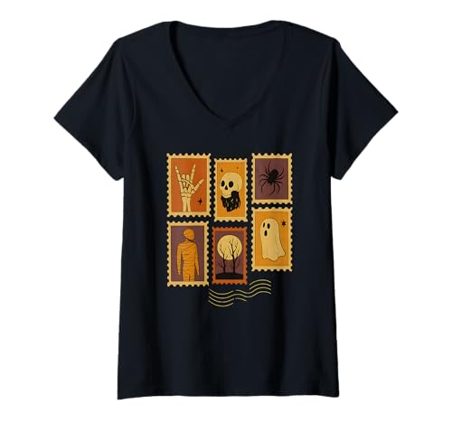 Damen Lustige Halloween-Briefmarken-Motive T-Shirt mit V-Ausschnitt Damen Lustige Halloween-Briefmarken-Motive T-Shirt mit V-Ausschnitt von Logiamerch Halloween