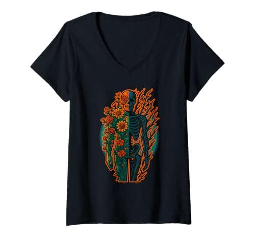 Damen Skelett Halb Blumen Illustration Halloween T-Shirt mit V-Ausschnitt Damen Skelett Halb Blumen Illustration Halloween T-Shirt mit V-Ausschnitt von Logiamerch Halloween