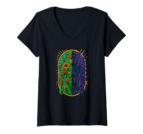 Damen Skelett Halb Blumen Illustration Halloween T-Shirt mit V-Ausschnitt Damen Skelett Halb Blumen Illustration Halloween T-Shirt mit V-Ausschnitt von Logiamerch Halloween