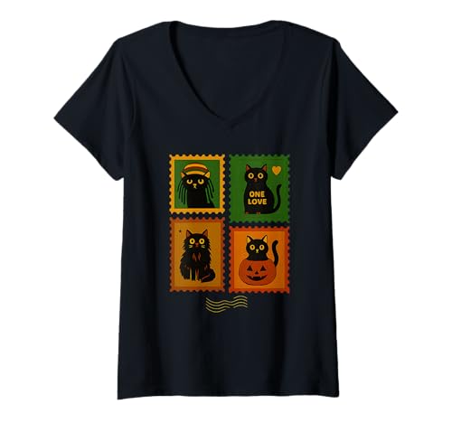 Damen Süße Katzen im Halloween-Jamaika-Stil T-Shirt mit V-Ausschnitt Damen Süße Katzen im Halloween-Jamaika-Stil T-Shirt mit V-Ausschnitt von Logiamerch Halloween