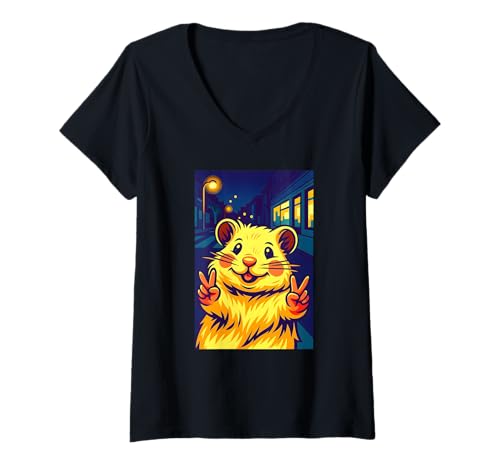 Damen Entzückender Hamsterstadt-Nachtspaziergang T-Shirt mit V-Ausschnitt Damen Entzückender Hamsterstadt-Nachtspaziergang T-Shirt mit V-Ausschnitt von Logiamerch Hamster