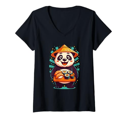 Damen Kawaii Panda mit Sushi-Platte, asiatische Lebensmittelkunst T-Shirt mit V-Ausschnitt von Logiamerch Kawaii