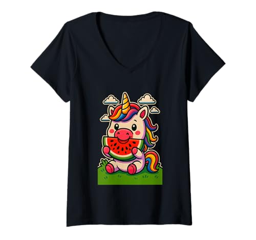 Damen Niedliches Kawaii-Einhorn isst Wassermelone T-Shirt mit V-Ausschnitt Damen Niedliches Kawaii-Einhorn isst Wassermelone T-Shirt mit V-Ausschnitt von Logiamerch Kawaii