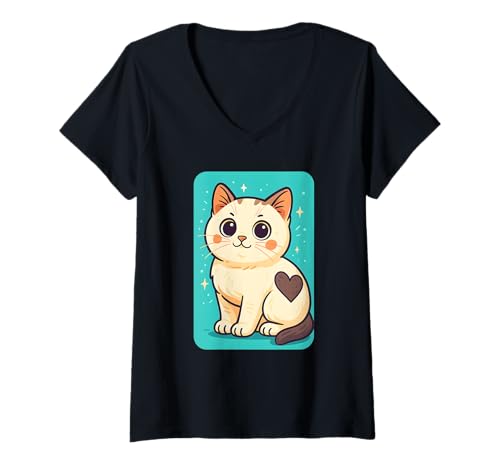 Damen Süße cremefarbene Katze mit Herz, Kawaii Kitty für Tierliebhaber T-Shirt mit V-Ausschnitt von Logiamerch Kawaii