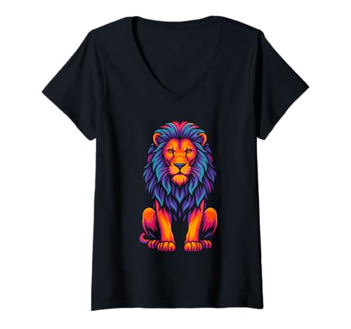Damen Bunte abstrakte Löwe, lebendige Dschungel-Katzenkunst T-Shirt mit V-Ausschnitt Damen Bunte abstrakte Löwe, lebendige Dschungel-Katzenkunst T-Shirt mit V-Ausschnitt von Logiamerch Lion