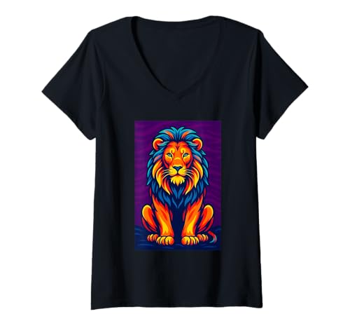 Damen Bunte abstrakte Löwe, lebendige Dschungel-Katzenkunst T-Shirt mit V-Ausschnitt Damen Bunte abstrakte Löwe, lebendige Dschungel-Katzenkunst T-Shirt mit V-Ausschnitt von Logiamerch Lion