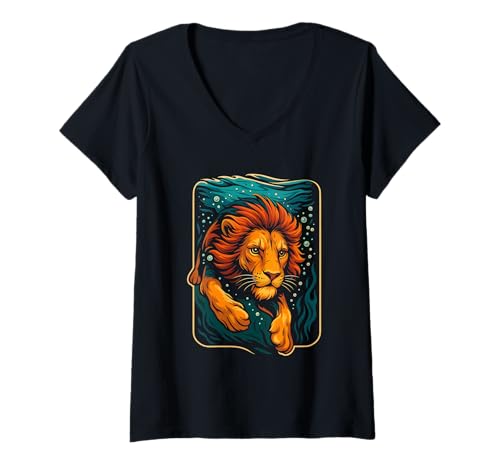 Damen Heftiges Unterwasserschwimmen mit Löwen, Love Lions T-Shirt mit V-Ausschnitt von Logiamerch Lions