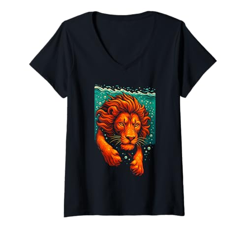 Damen Löwe Schwimmen unter Wasser, Love Lions T-Shirt mit V-Ausschnitt von Logiamerch Lions