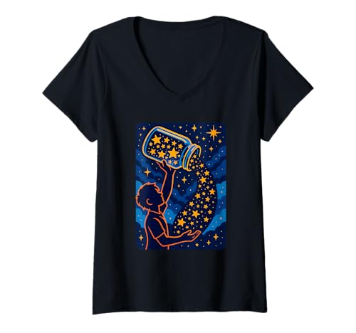 Damen Star Catcher Silhouette Night Positive, inspirierende Kunst T-Shirt mit V-Ausschnitt von Logiamerch Motivational