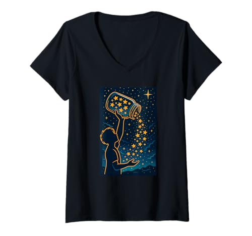 Damen Star Catcher Silhouette Night Positive, inspirierende Kunst T-Shirt mit V-Ausschnitt von Logiamerch Motivational