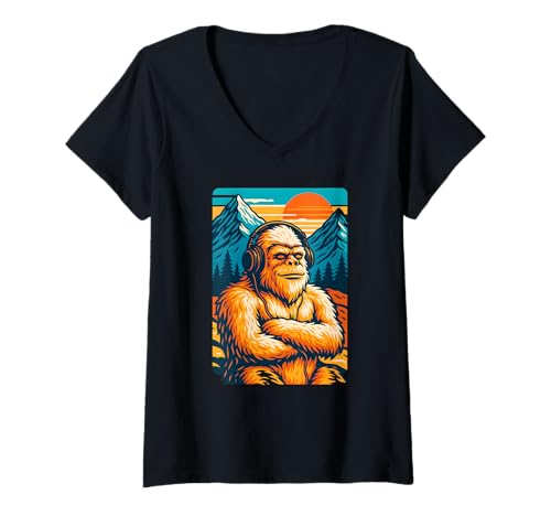 Damen Chill Yeti Kopfhörer Mountain Vibes T-Shirt mit V-Ausschnitt Damen Chill Yeti Kopfhörer Mountain Vibes T-Shirt mit V-Ausschnitt von Logiamerch Music