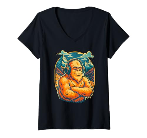 Damen Chill Yeti beim Musikhören, Bergliebhaber T-Shirt mit V-Ausschnitt Damen Chill Yeti beim Musikhören, Bergliebhaber T-Shirt mit V-Ausschnitt von Logiamerch Music