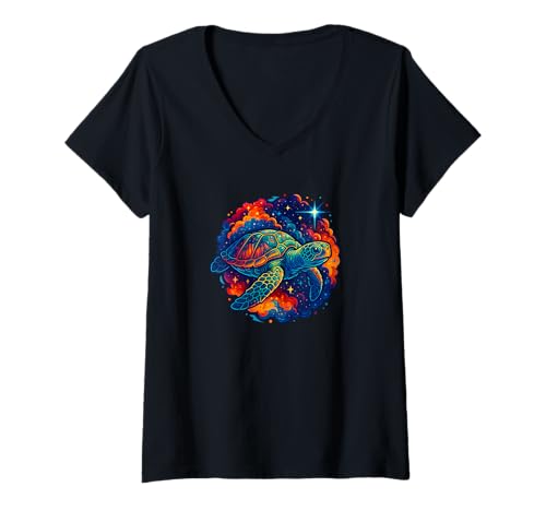 Damen Kosmische Schildkröte, galaktische Ozeanstimmung, Meerestier T-Shirt mit V-Ausschnitt Damen Kosmische Schildkröte, galaktische Ozeanstimmung, Meerestier T-Shirt mit V-Ausschnitt von Logiamerch Ocean
