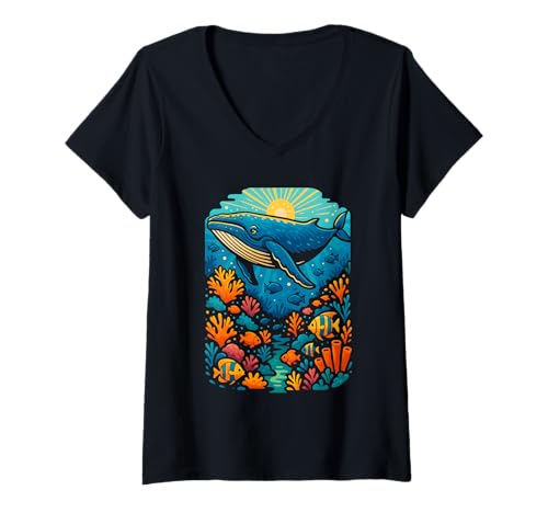 Damen Wal und Koralle Bunte Ozeankunst T-Shirt mit V-Ausschnitt Damen Wal und Koralle Bunte Ozeankunst T-Shirt mit V-Ausschnitt von Logiamerch Ocean
