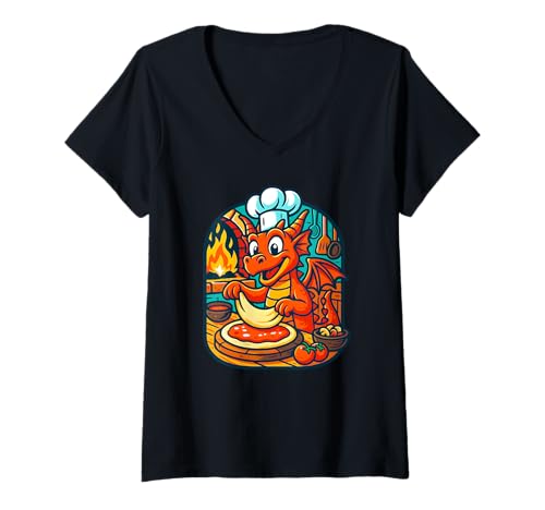 Damen Pizzaboch Dragon kocht in feuriger Küche, lustige Kunst T-Shirt mit V-Ausschnitt Damen Pizzaboch Dragon kocht in feuriger Küche, lustige Kunst T-Shirt mit V-Ausschnitt von Logiamerch Pizza