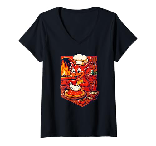 Damen Pizzaboch Dragon kocht in feuriger Küche, lustige Kunst T-Shirt mit V-Ausschnitt Damen Pizzaboch Dragon kocht in feuriger Küche, lustige Kunst T-Shirt mit V-Ausschnitt von Logiamerch Pizza