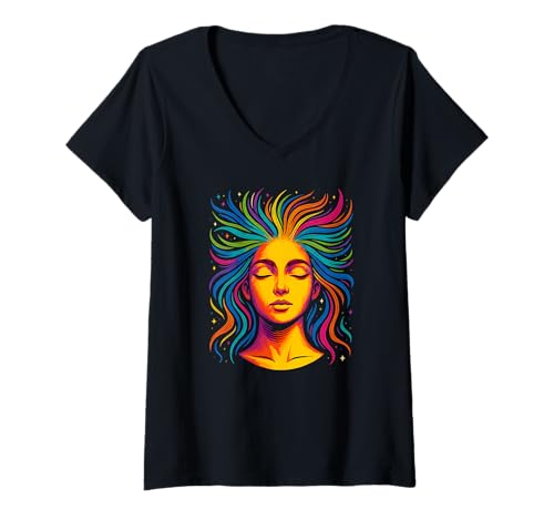 Damen Bunte psychedelische Frauengesichtskunst T-Shirt mit V-Ausschnitt von Logiamerch Psychedelic