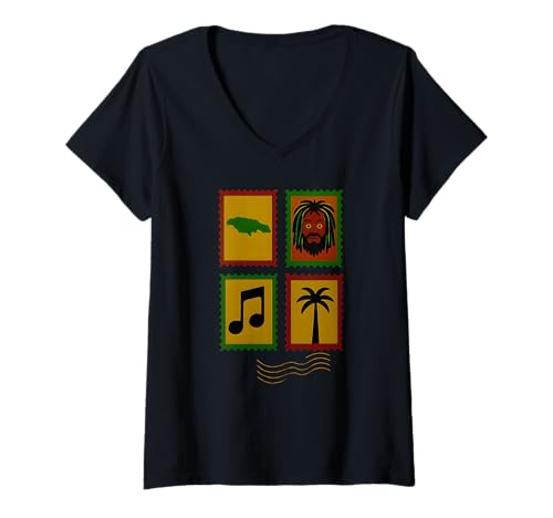 Damen Reggae, Jamaika-Liebhaber, Briefmarke, Stil Urlaubsmotive T-Shirt mit V-Ausschnitt Damen Reggae, Jamaika-Liebhaber, Briefmarke, Stil Urlaubsmotive T-Shirt mit V-Ausschnitt von Logiamerch Rasta