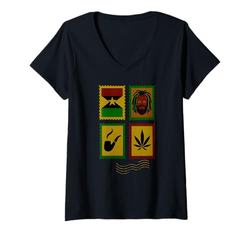 Damen Reggae, Jamaika-Liebhaber, Briefmarke, Stil Urlaubsmotive T-Shirt mit V-Ausschnitt Damen Reggae, Jamaika-Liebhaber, Briefmarke, Stil Urlaubsmotive T-Shirt mit V-Ausschnitt von Logiamerch Rasta