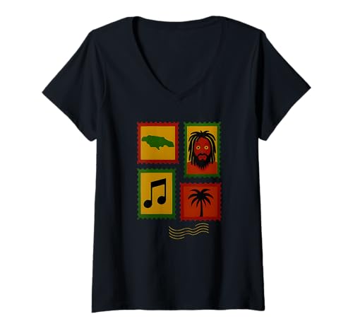 Damen Reggae, Jamaika-Liebhaber, Briefmarke, Stil Urlaubsmotive T-Shirt mit V-Ausschnitt Damen Reggae, Jamaika-Liebhaber, Briefmarke, Stil Urlaubsmotive T-Shirt mit V-Ausschnitt von Logiamerch Rasta