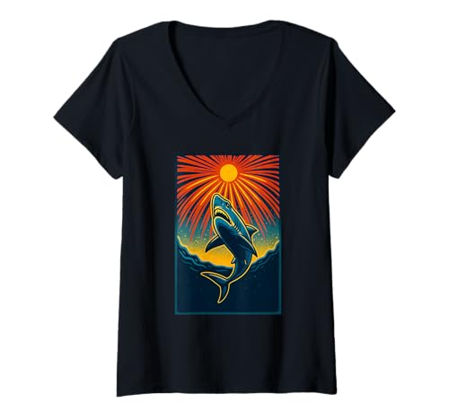 Damen Fierce Shark Jump mit Sunburst Ocean-Design T-Shirt mit V-Ausschnitt Damen Fierce Shark Jump mit Sunburst Ocean-Design T-Shirt mit V-Ausschnitt von Logiamerch Sharks