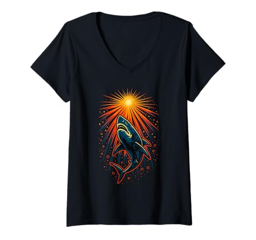 Damen Fierce Shark Jump mit Sunburst Ocean-Design T-Shirt mit V-Ausschnitt Damen Fierce Shark Jump mit Sunburst Ocean-Design T-Shirt mit V-Ausschnitt von Logiamerch Sharks