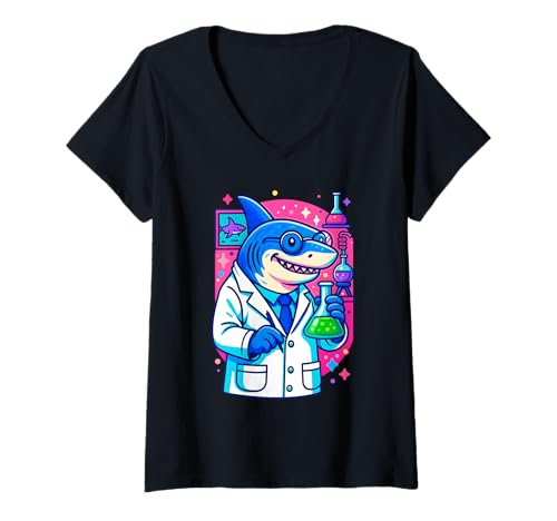 Damen Funny Scientist Shark Chemie Lab, Love Sharks T-Shirt mit V-Ausschnitt Damen Funny Scientist Shark Chemie Lab, Love Sharks T-Shirt mit V-Ausschnitt von Logiamerch Sharks