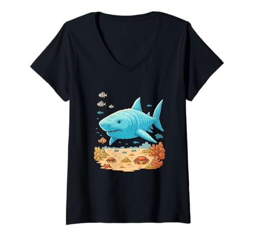 Damen Niedlicher Hai, Unterwasser-Ozean-Szene, Korallen-Kunst T-Shirt mit V-Ausschnitt Damen Niedlicher Hai, Unterwasser-Ozean-Szene, Korallen-Kunst T-Shirt mit V-Ausschnitt von Logiamerch Sharks