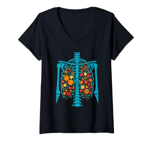 Damen Floral Ribcage Anatomie Skelett Blume Kunst Design Halloween T-Shirt mit V-Ausschnitt Damen Floral Ribcage Anatomie Skelett Blume Kunst Design Halloween T-Shirt mit V-Ausschnitt von Logiamerch Skeleton